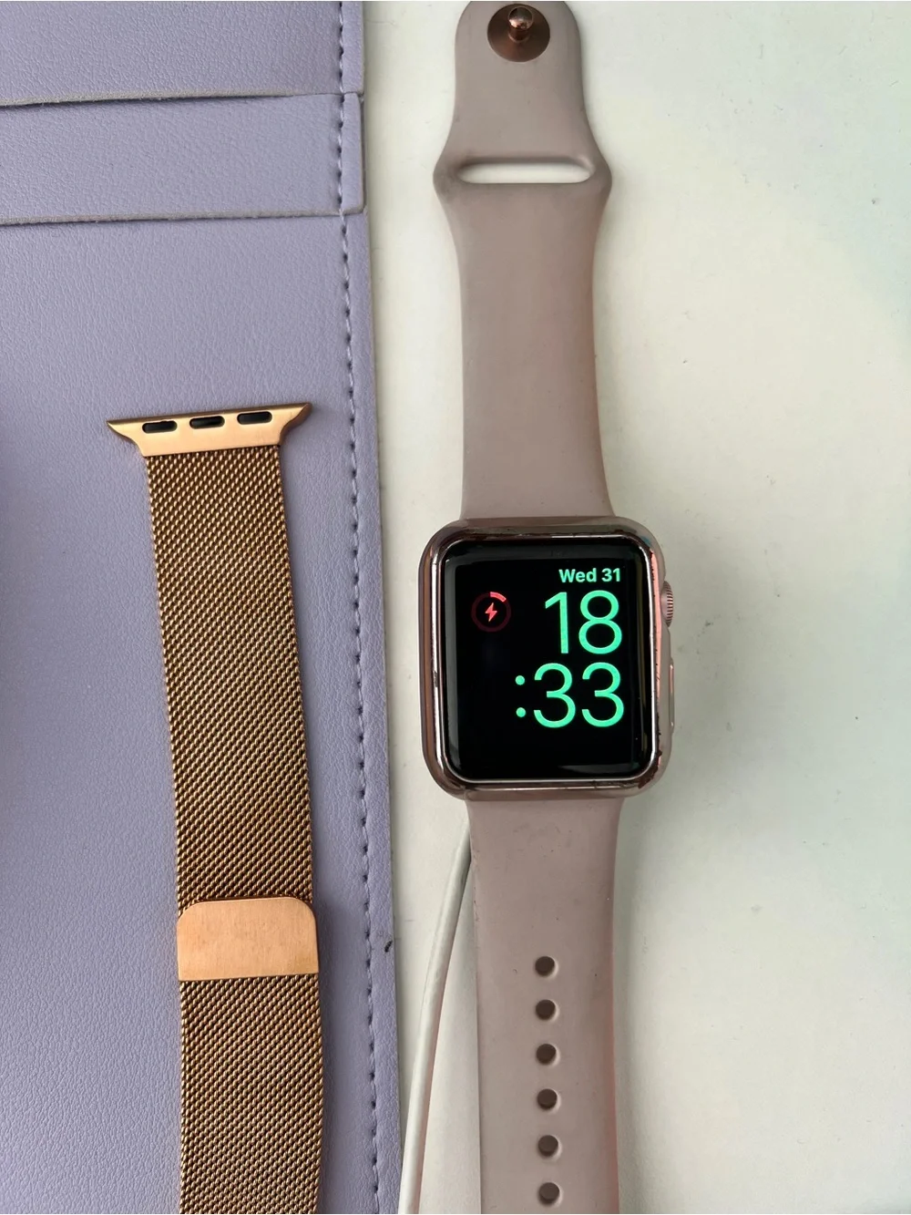Apple Watch with Rose Gold Silicone Band and Charger